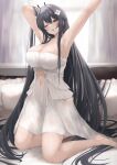 1girl :o absurdres arm_behind_head armpits arms_up azur_lane bangs bare_legs bed black_hair blush breasts cleavage clothing_cutout curtains dress eyebrows_visible_through_hair feet flower hair_between_eyes hair_flower hair_ornament highres huge_breasts indomitable_(azur_lane) kneeling long_hair looking_at_viewer navel_cutout one_eye_closed open_mouth pillow sidelocks solo strapless strapless_dress thighs urabesunahito very_long_hair white_dress yellow_eyes 