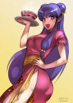 1girl ass bell blush bowl breasts bright_pupils china_dress chinese_clothes double_bun dress eyebrows_visible_through_hair gradient gradient_background hair_bell hair_ornament hand_on_hip highres large_breasts long_hair looking_at_viewer looking_back open_mouth puffy_short_sleeves puffy_sleeves purple_hair ranma_1/2 sgk shampoo_(ranma_1/2) short_sleeves side_slit sidelocks smile solo steam tray twisted_torso white_pupils 