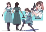  1girl aqua_dress bangs belt black_footwear brown_hair character_request copyright_request cropped_torso dress edoya_inuhachi frown full_body gloves grey_eyes grey_gloves grey_legwear gun hairband highres holding holding_gun holding_weapon looking_at_viewer medium_hair multiple_views pantyhose parted_lips revolver short_sleeves simple_background smile standing swept_bangs trigger_discipline upper_body weapon white_background white_hairband 