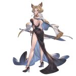  1girl animal_ears anklet backless_dress backless_outfit bangs bare_legs black_dress black_footwear black_gloves blonde_hair breasts coat coat_on_shoulders dress elea_(granblue_fantasy) erune fingerless_gloves full_body gloves granblue_fantasy green_eyes hand_on_hip high_heels holding holding_sheath jewelry lips long_dress looking_at_viewer looking_to_the_side medium_breasts official_art parted_bangs sheath sheathed short_hair side_slit smile solo standing strapless strapless_dress sword transparent_background weapon white_coat 