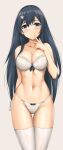  1girl arcie_albano artist_name black_hair blue_eyes bra breasts cleavage finger_to_mouth highres kodama_karen large_breasts long_hair original panties signature solo solo_focus thigh_gap thighhighs underwear white_background white_legwear 