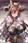  1girl animal_ears bangs blush breasts brown_hair closed_eyes galleon_(granblue_fantasy) gloves granblue_fantasy hair_between_eyes hands_up highres himuro_shunsuke horns large_breasts long_sleeves parted_lips sitting white_gloves white_headwear 
