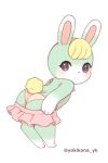  animal_crossing anthro artist_name bent_over blonde_hair blush bottomwear butt clothing digital_media_(artwork) female fingers fur green_body hair lagomorph leporid looking_back mammal miniskirt nintendo panties rabbit sasha_(animal_crossing) simple_background skirt solo standing underwear undressing video_games white_background white_body white_fur yokikana_yk 