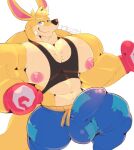  anthro blue_eyes bottomwear boxing_gloves bulge clothing handwear kangaroo kao_(kao_the_kangaroo) kao_the_kangaroo looking_at_viewer macropod male mammal marsupial merong muscular muscular_anthro muscular_male nipples pants pecs shirt smile solo tank_top topwear yellow_body 