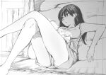  1girl absurdres armpits ass bangs bare_arms bare_legs bare_shoulders book breasts crossed_legs cushion eyebrows_visible_through_hair feet_out_of_frame greyscale highres kojima_takeshi large_breasts legs_up long_hair looking_away looking_to_the_side lying monochrome on_back original parted_lips shirt short_shorts shorts sleeveless sleeveless_shirt solo thighs 