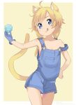  1girl :q ahoge animal_ear_fluff animal_ears bangs bare_arms bare_shoulders blonde_hair blue_gemstone blue_gloves brown_background cat_ears cat_girl cat_tail closed_mouth collarbone commentary_request eyebrows_behind_hair gem gloves holding long_hair low_twintails original overall_skirt single_glove smile solo strap_slip tail tamakorogashi thigh_gap tongue tongue_out twintails two-tone_background watermark web_address white_background 