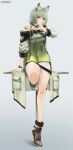  1girl absurdres animal_ear_fluff animal_ears arknights arm_support bangs bare_legs bare_shoulders black_footwear breasts cat_ears commentary dress green_dress green_eyes green_hair grey_background high_heels highres holding holding_syringe kal&#039;tsit_(arknights) long_sleeves looking_at_viewer lufi_ays medium_breasts off_shoulder pencil_dress short_dress short_hair simple_background sitting solo syringe thighs watch wristwatch 