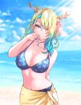  1girl bangs blue_hair blue_sky branch breasts ceres_fauna cloud collarbone green_hair hand_over_face highres holocouncil hololive hololive_english horns large_breasts leaf looking_at_viewer medium_hair multicolored_hair navel ocean one_eye_closed sk_jynx sky smile standing sunlight swimsuit wavy_hair 