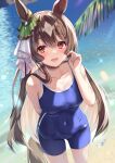  1girl animal_ears arm_behind_back bangs blue_swimsuit blurry blurry_background blush breasts brown_hair cleavage collarbone commentary_request covered_navel hand_up highres holding holding_hair horse_ears horse_girl horse_tail kaneki_yushi large_breasts long_hair looking_at_viewer multicolored_hair one-piece_swimsuit open_mouth orange_eyes palm_tree revision satono_diamond_(umamusume) school_swimsuit solo sparkle standing swimsuit tail tree two-tone_hair umamusume water wet 