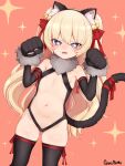  1girl :3 absurdres animal_ears animal_hands armpits azur_lane bache_(azur_lane) bell blonde_hair breasts cat_ears cat_tail cosplay detached_sleeves fang fate/kaleid_liner_prisma_illya fate_(series) fluffy goki_buri highres illyasviel_von_einzbern illyasviel_von_einzbern_(beast_style) illyasviel_von_einzbern_(cosplay) jingle_bell navel paw_pose purple_eyes ribbon simple_background small_breasts solo star-shaped_pupils star_(symbol) symbol-shaped_pupils tail thighs twintails 