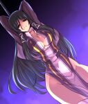  1girl absurdres arms_up black_hair breasts cleavage dress fasalina gunxsword half-closed_eyes highres ishiyumi large_breasts long_hair pelvic_curtain pole solo thighs yellow_eyes 