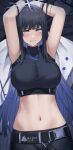  1girl armpits arms_behind_head arms_up bangs bare_arms belt black_hair blue_archive blue_hair blush bound bound_wrists breasts buckle colored_inner_hair crop_top eyebrows_visible_through_hair fang gaitoou grey_eyes grimace halo highres large_breasts long_hair looking_at_viewer lying midriff multicolored_hair navel on_back petals saori_(blue_archive) skin_tight sleeveless solo stomach teeth two-tone_hair 