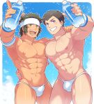  2boys abs aopanda armband bara black_hair border bottle briefs bulge cloud day enjoji_michiru green_eyes headband highres holding holding_bottle idolmaster idolmaster_side-m large_pectorals looking_at_viewer male_focus male_underwear multiple_boys muscular muscular_male navel nipples open_mouth outdoors pectorals purple_eyes shingen_seiji short_hair sky smile teeth underwear water_bottle white_border white_headband white_male_underwear wristband 