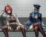  2girls ange_katrina animal_on_head bangs bird bird_on_head black_legwear blood blood_on_face blue_hair blue_headwear blue_jacket blue_skirt blush breasts colored_inner_hair crossed_legs cuffs frown grey_shirt handcuffs hat highres holding holding_phone jacket lize_helesta looking_down monocle multicolored_hair multiple_girls nijisanji on_head parted_lips phone police_hat purple_eyes sebastian_piyodore shirt sitting skirt small_breasts spread_legs theamazingspino thigh_strap thighhighs triangle_hair_ornament virtual_youtuber white_jacket 