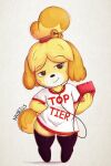  2021 accessory animal_crossing anthro blonde_hair blush canid canine canis clothing domestic_dog female floppy_ears footwear hair hair_accessory hi_res isabelle_(animal_crossing) mammal nauskills nintendo nintendo_ds nintendo_ds_family shirt signature simple_background smile solo text text_on_clothing text_on_shirt text_on_topwear topwear video_games 