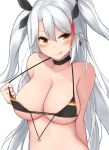 1girl :q areola_slip azur_lane bangs bikini bikini_pull bikini_tug black_bikini black_choker black_ribbon blush breasts brown_eyes choker cleavage clothes_pull collarbone cross cross_earrings earrings eyebrows_visible_through_hair flag_print german_flag german_flag_bikini grey_hair hair_ribbon highres iron_cross jewelry large_breasts long_hair looking_at_viewer mizushina_minato multicolored_hair official_alternate_costume prinz_eugen_(azur_lane) prinz_eugen_(unfading_smile)_(azur_lane) pulled_by_self red_hair ribbon simple_background smile solo streaked_hair swimsuit tongue tongue_out two_side_up upper_body very_long_hair white_background 