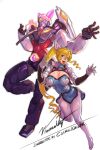 1girl blonde_hair borrowed_character breasts cleavage cleavage_cutout clothing_cutout english_commentary galatikaizer gloves grey_gloves lana_branford large_breasts looking_to_the_side mecha open_hand original pilot_suit purple_eyes science_fiction smile tongue tongue_out twintails uneven_twintails vinsuality 