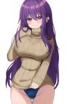 1girl b4_(yonten) blue_swimsuit blush doki_doki_literature_club hair_ornament hairclip highres long_hair looking_at_viewer purple_eyes purple_hair simple_background sleeves_past_wrists solo sweater swimsuit swimsuit_under_clothes turtleneck turtleneck_sweater white_background yuri_(doki_doki_literature_club) 