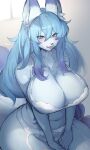  1girl animal_ear_fluff animal_ears animal_nose aqua_eyes blue_fur blue_hair bra breasts cleavage commission dog_ears dog_girl dog_tail eyebrows_visible_through_hair fangs fur furry furry_female hair_between_eyes highres huge_breasts long_hair looking_at_viewer navel open_mouth original panties sitting skeb_commission smile snout suurin_(ksyaro) tail thighhighs thighs underwear underwear_only white_bra white_legwear white_panties 
