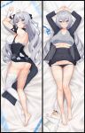  1girl absurdres armpits arms_up ass back bare_shoulders barefoot bed_sheet black_dress black_jacket black_panties black_skirt breasts bronya_zaychik bronya_zaychik_(silverwing:_n-ex) cat closed_mouth clothes_lift commentary_request dakimakura_(medium) dress grey_eyes grey_hair grey_shirt high-waist_skirt highres honkai_(series) honkai_impact_3rd jacket kurigura_(sketch_san) large_breasts long_hair looking_at_viewer lying miniskirt multiple_views office_lady on_back on_side open_clothes open_jacket panties ribbed_shirt shirt shirt_lift single_thighhigh skirt sleeveless sleeveless_dress smile string_panties thighhighs thighs underboob underwear very_long_hair 