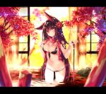  1girl absurdres animal_ears asaki_yukiko autumn_leaves bare_arms bare_shoulders bikini black_bikini blurry breasts brown_hair cleavage depth_of_field flower fox_ears front-tie_bikini front-tie_top hair_between_eyes hair_flower hair_ornament highres leaf letterboxed long_hair looking_at_viewer maple_leaf maple_tree medium_breasts navel nekoboshi_sakko original red_scarf scarf solo standing stomach string_bikini swimsuit thighs tree very_long_hair wading water waterfall 