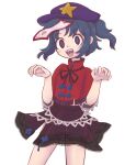  1girl :d black_skirt blue_hair cabbie_hat contrapposto cowboy_shot drooling eyebrows_visible_through_hair hat hat_ornament heart heart_print highres jiangshi keb00b looking_at_viewer miniskirt miyako_yoshika mouth_drool ofuda open_mouth outstretched_arms sharp_teeth short_hair simple_background skirt smile solo star_(symbol) star_hat_ornament teeth touhou white_background zombie_pose 