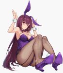  1girl animal_ears breasts fake_animal_ears fate/grand_order fate_(series) flower full_body haoni high_heels highres leotard long_hair official_alternate_costume pantyhose playboy_bunny pumps purple_flower purple_footwear purple_hair purple_leotard rabbit_ears red_eyes scathach_(fate) scathach_(piercing_bunny)_(fate) simple_background sitting solo strapless strapless_leotard very_long_hair white_background wrist_cuffs 