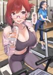 2girls 92m absurdres blue_hair bottle breasts cleavage commentary dateko glasses gym gym_equipment highres holding holding_bottle kakita_(92m) kinshi_no_ane large_breasts looking_at_viewer multiple_girls open_mouth original pants pink-framed_eyewear playing_sports red_eyes red_hair short_hair sitting smile speech_bubble sports_bra translated treadmill walking yoga_pants 