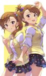  2girls :d :p absurdres black_skirt blush brown_eyes brown_hair commentary_request futami_ami futami_mami hair_ornament highres idolmaster idolmaster_(classic) jacket looking_at_viewer multiple_girls short_hair short_sleeves shuucream_(syuichi) siblings side_ponytail simple_background sisters skirt smile star_(symbol) star_hair_ornament thighs tongue tongue_out twins two-tone_background white_background yellow_background yellow_jacket 