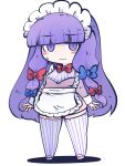  1girl alternate_costume apron blue_bow blush bow closed_mouth enmaided eyebrows_visible_through_hair fried_rice0614 full_body hair_bow highres long_hair long_sleeves maid maid_headdress one-hour_drawing_challenge patchouli_knowledge purple_eyes purple_hair red_bow simple_background solo striped striped_legwear thighhighs touhou vertical-striped_legwear vertical_stripes waist_apron white_apron white_background 