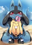  1girl animal_ears beach bikini black_bikini black_fur blue_fur blue_sky breasts clenched_teeth cloud condom condom_in_mouth dagashi_(daga2626) day furry furry_female highres large_breasts looking_at_viewer lucario mouth_hold multicolored_fur ocean pokemon pokemon_(creature) pussy_juice red_eyes sand seductive_smile sky smile solo swimsuit tail tail_wagging teeth yellow_fur 