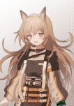  1girl animal_ears arknights black_wristband blush brown_coat brown_hair ceobe_(arknights) coat dog_ears dotted_background fang fuco grey_background infection_monitor_(arknights) long_hair long_sleeves looking_at_viewer open_mouth red_eyes simple_background solo upper_body 