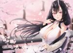  1girl bangs black_hair blurry blurry_background blush bow breasts choker cleavage demon_girl dress flower hair_between_eyes highres horns large_breasts long_hair looking_at_viewer mole mole_under_eye nail_polish off_shoulder oni original petals ponytail red_eyes silver_tokki smile solo white_dress 