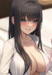  1girl ame_816 black_hair blue_eyes blush breasts cleavage collarbone cropped ear_focus huge_breasts large_breasts lips long_hair looking_at_viewer no_bra open_clothes open_mouth open_shirt original smile teeth very_long_hair 