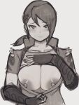  1girl american_alligator_(kemono_friends) asymmetrical_hair blush breasts closed_mouth clothes_lift collarbone eyes_visible_through_hair fingerless_gloves furrowed_brow gloves greyscale hand_on_hip hand_up highres jacket kemono_friends large_breasts lifted_by_self long_hair looking_at_viewer monochrome nipples no_bra partially_unzipped ponytail shibori_kasu short_sleeves sidelocks sketch slit_pupils solo spikes undressing unzipping upper_body zipper 