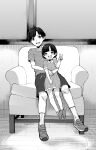  1boy 1girl absurdres armchair chair child dress female_child full_body greyscale highres hug hug_from_behind mole mole_under_mouth monochrome original sitting sitting_on_lap sitting_on_person smile v yuuki_shin 