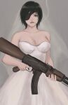  1girl ak-47 assault_rifle bangs black_hair breasts bridal_veil chainsaw_man cigarette cleavage dress eyepatch finger_on_trigger green_eyes grey_background gun highres himeno_(chainsaw_man) holding holding_gun holding_weapon kalashnikov_rifle looking_at_viewer medium_breasts one_eye_covered rifle short_hair simple_background sleeveless smoke smoking solo standing strapless veil weapon wedding_dress yamikon1003 