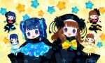  2girls animal_costume black_eyes black_hair bow bowtie brown_hair gothic_luck hair_ornament hair_ribbon kemono_friends kikuchi_milo long_hair looking_at_viewer multiple_girls neck_ribbon one_eye_closed open_mouth ribbon ribbon_hair shirt skirt smile star_(symbol) 