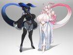  2girls absurdres areola_slip bare_shoulders belt black_hair black_legwear blue_skin blush boots breasts cleavage colored_skin detached_sleeves dragon_girl dragon_horns dragon_tail dress full_body gradient gradient_background gradient_hair grey_background grey_skin groin high_heels highres horns huge_breasts jewelry konoshige_(ryuun) long_hair looking_at_viewer maebari monster_girl multicolored_hair multiple_girls original partially_visible_vulva pelvic_curtain pink_hair pink_nails pointy_ears purple_eyes revealing_clothes skindentation slit_pupils smile standing tail thigh_boots thighhighs thighs very_long_hair white_hair 