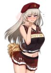  1girl absurdres ak74m_(girls&#039;_frontline) beret blue_eyes cheerleader crop_top girls&#039;_frontline grey_hair hat highres holding holding_pom_poms long_hair midriff miniskirt mosa331 navel pleated_skirt pom_pom_(cheerleading) red_headwear red_skirt skirt solo 