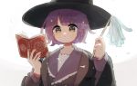  1girl bangs blunt_bangs blush_stickers book grimoire hair_ornament hat highres holding holding_book holding_wand lace_trim long_sleeves nail_polish original purple_hair robe sailor_collar short_hair solo star_(symbol) star_hair_ornament wand witch witch_hat wolf_gugu yellow_eyes 