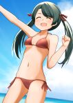  1girl alternate_breast_size arm_up beach bikini black_hair blue_sky breasts closed_eyes cloud commentary_request cowboy_shot day highres horizon kantai_collection long_hair mikuma_(kancolle) open_mouth outdoors red_bikini side-tie_bikini sky small_breasts smile solo standing string_bikini swimsuit twintails yotubawatane 