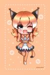  1girl animal_costume animal_ears blue_eyes bow bowtie caracal_(kemono_friends) caracal_ears elbow_gloves gloves highres hikarikmy kemono_friends kemono_friends_v_project long_hair looking_at_viewer microphone one_eye_closed open_mouth orange_hair shirt skirt sleeveless sleeveless_shirt smile solo virtual_youtuber 