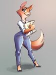  2021 anthro blue_eyes canid canine clothing diane_foxington dreamworks faline-art fangs female fluffy fluffy_tail fox hi_res high_heels looking_at_viewer mammal pink_nose shirt simple_background smile solo the_bad_guys topwear white_clothing white_shirt white_topwear 