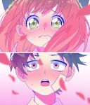  1boy 1girl absurdres anya_(spy_x_family) bandaid bandaid_on_face blush brown_eyes brown_hair closed_mouth crying crying_with_eyes_open damian_desmond double_bun face flicfloc flustered green_eyes half-closed_eyes hetero highres looking_at_viewer petals pink_hair sad split_screen spy_x_family sweatdrop tearing_up tears wavy_mouth wide-eyed 