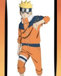  1boy bandaged_leg bandages blonde_hair blue_eyes border cardigan facial_mark grin headband highres long_sleeves looking_at_viewer male_focus naruto naruto_(series) orange_border orange_cardigan orange_pants pants pillarboxed short_hair smile solo spiked_hair standing thumbs_down uzumaki_naruto white_background yo_1998 