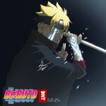  1boy black_cape black_sclera blonde_hair boruto:_naruto_next_generations cape closed_mouth colored_sclera from_side headband holding holding_sword holding_weapon male_focus naruto_(series) short_hair signature solo sword upper_body uzumaki_boruto weapon yo_1998 