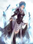  1girl absurdres artist_name black_dress black_legwear blue_eyes blue_hair bridal_gauntlets clear_glass_(mildmild1311) dagger dress eyebrows_visible_through_hair fire_emblem fire_emblem_fates flora_(fire_emblem) frills frozen highres ice impossible_clothes impossible_dress knife long_sleeves looking_at_viewer looking_down maid maid_headdress signature skin_tight skirt_hold solo thighhighs two_side_up weapon 