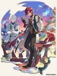  2boys black_gloves dragalia_lost full_body gift glasses gloves green_eyes holding holding_gift jacket looking_at_viewer male_focus multiple_boys nevin_(dragalia_lost) official_art pants ramiel_(dragalia_lost) red_eyes scarf short_hair sitting smile snowflakes wavy_hair white_hair white_jacket white_pants white_scarf 