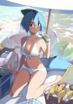  1girl :/ absurdres arm_support azuumori ball bangs bare_shoulders beach beach_umbrella beachball bikini blue_hair blurry bottle breasts can cleavage closed_mouth collarbone commentary cooler depth_of_field english_commentary fish_tail food front-tie_bikini front-tie_top full_body hair_between_eyes halterneck hand_up highres holding holding_bottle innertube large_breasts looking_to_the_side medium_hair navel ocean original ramune red_eyes sandwich shark_girl shark_girl_(azuumori) shark_tail sitting solo straight_hair swimsuit tail thick_eyebrows tote_bag towel umbrella wariza water white_bikini 
